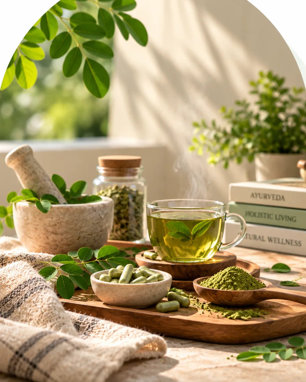 Herbal tea, moringa capsules and powder with a mortar and pestle on a sunlit table