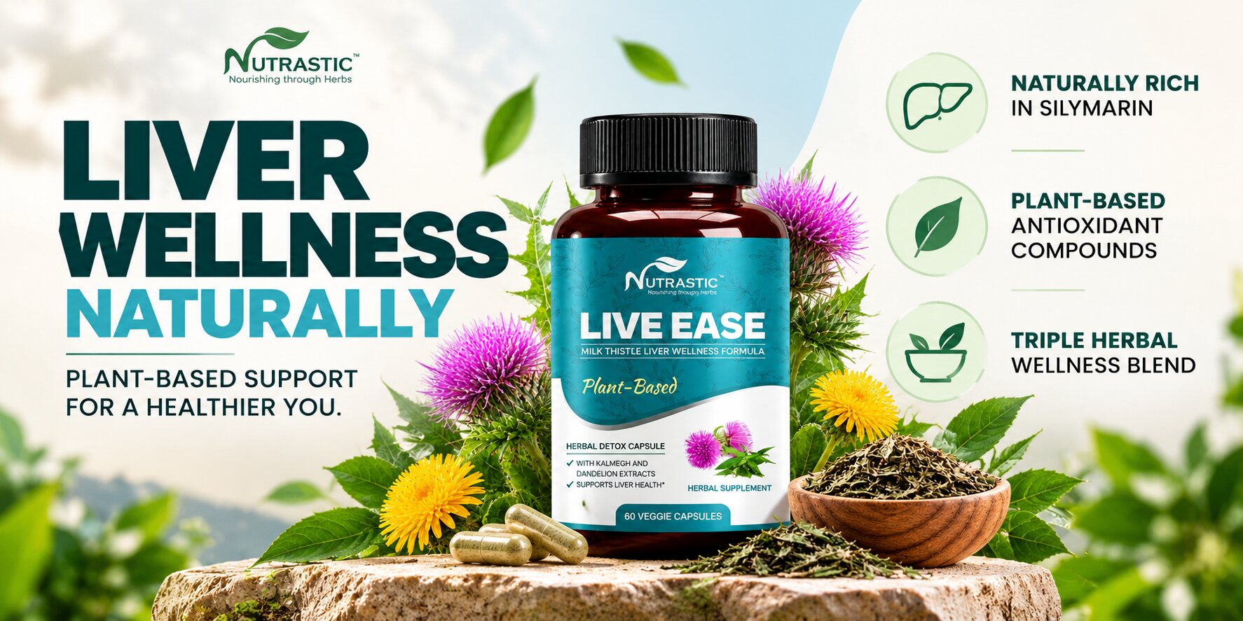Live Ease - Liver wellness naturally: naturally rich in silymarin, plant-based antioxidant compounds, triple herbal wellness blend