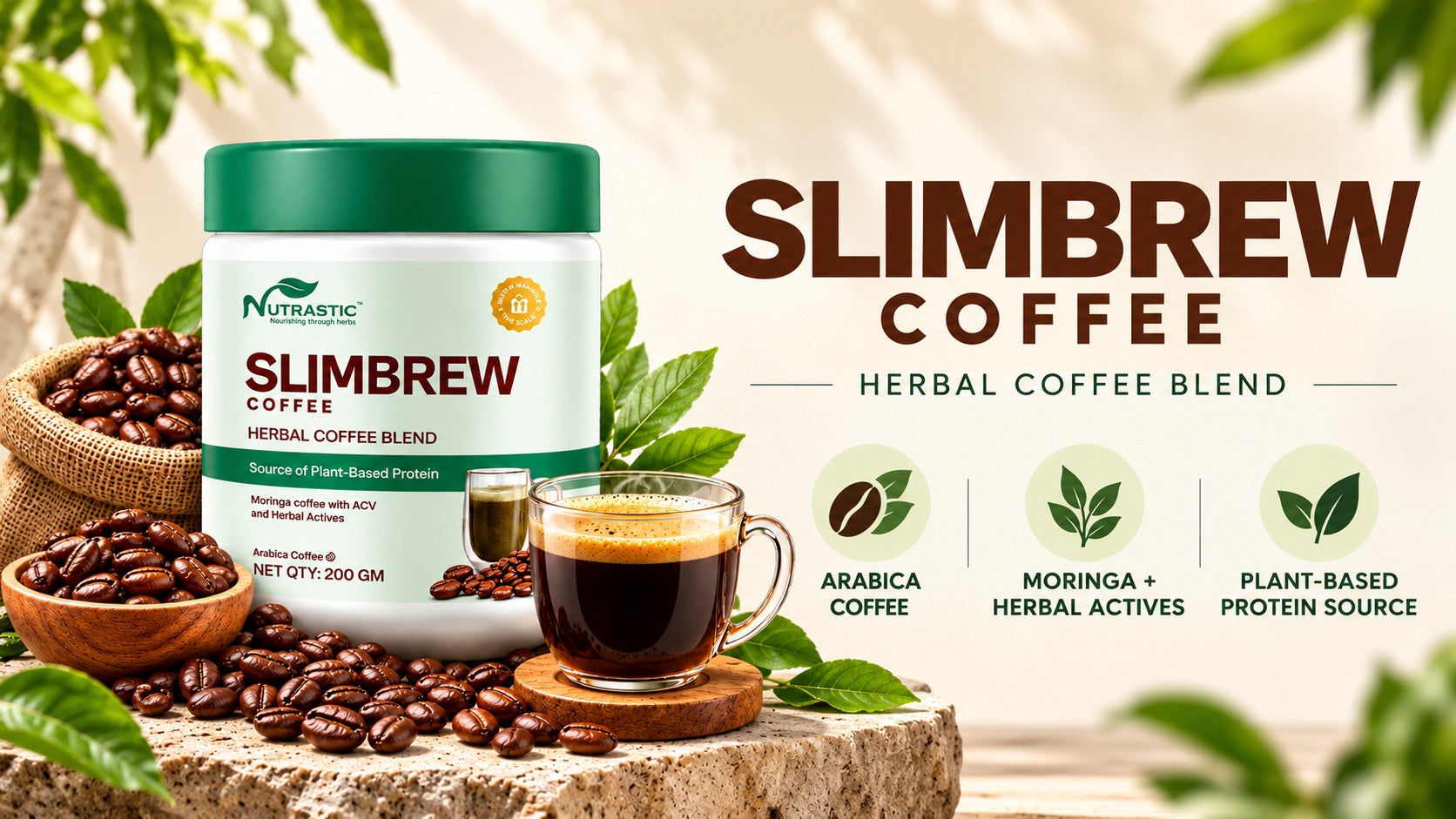 SlimBrew Coffee - herbal coffee blend with Arabica coffee, moringa and herbal actives, a plant-based protein source
